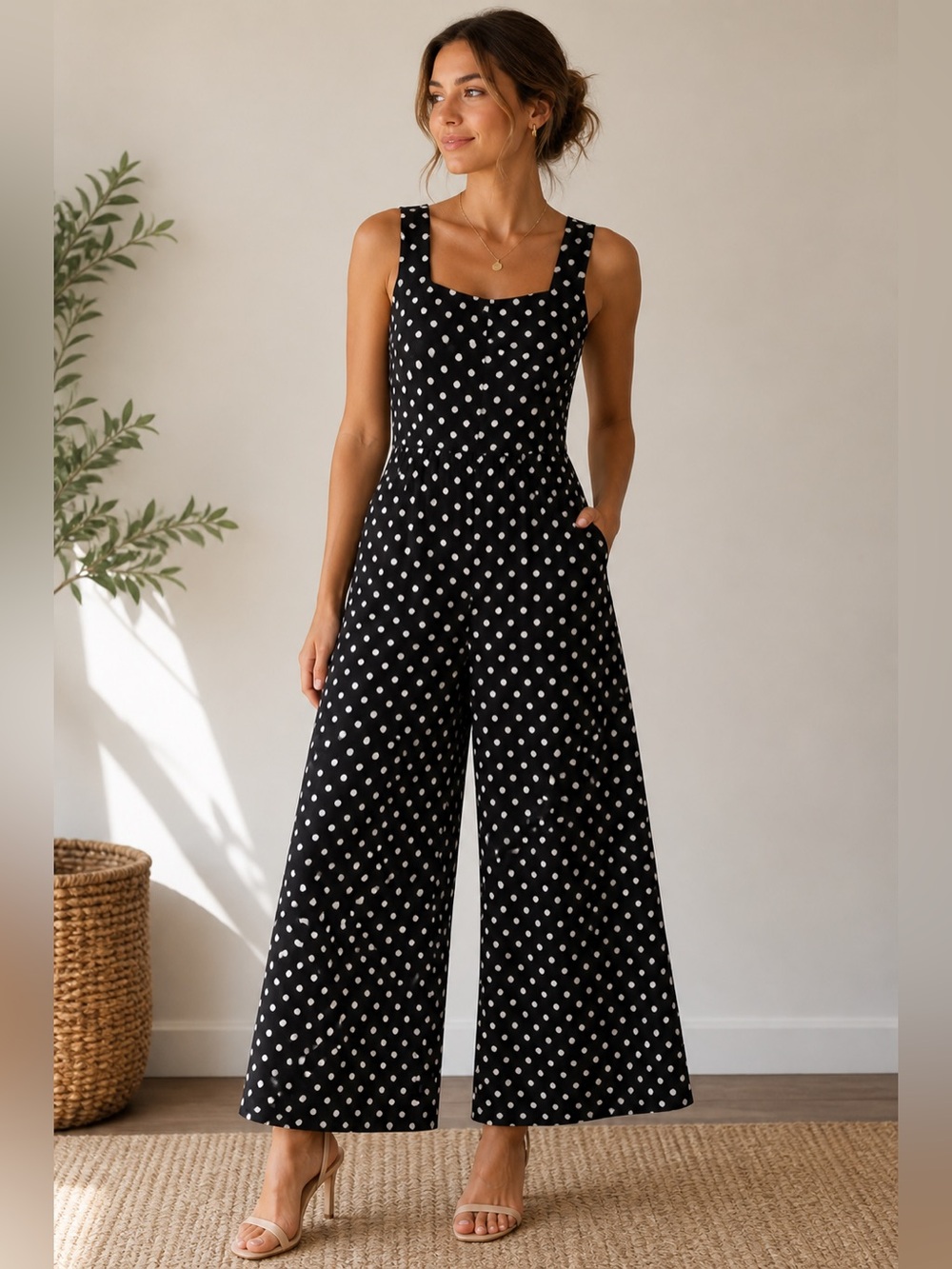 Black & White Polka Dot Wide-Leg Jumpsuit – Square Neck